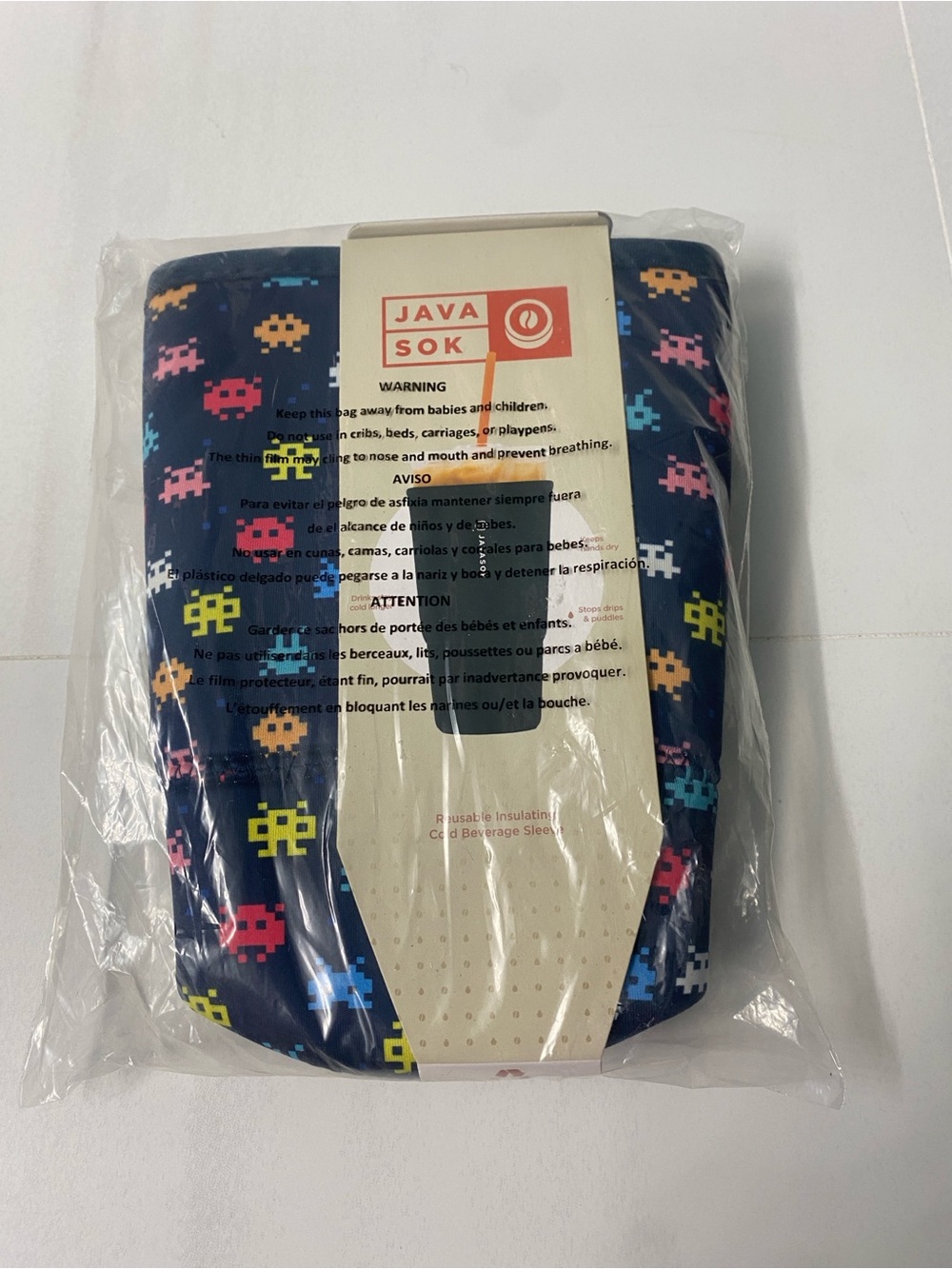 JavaSok Insulated Cold Beverage Sleeve - Pixel Monsters Print, Navy